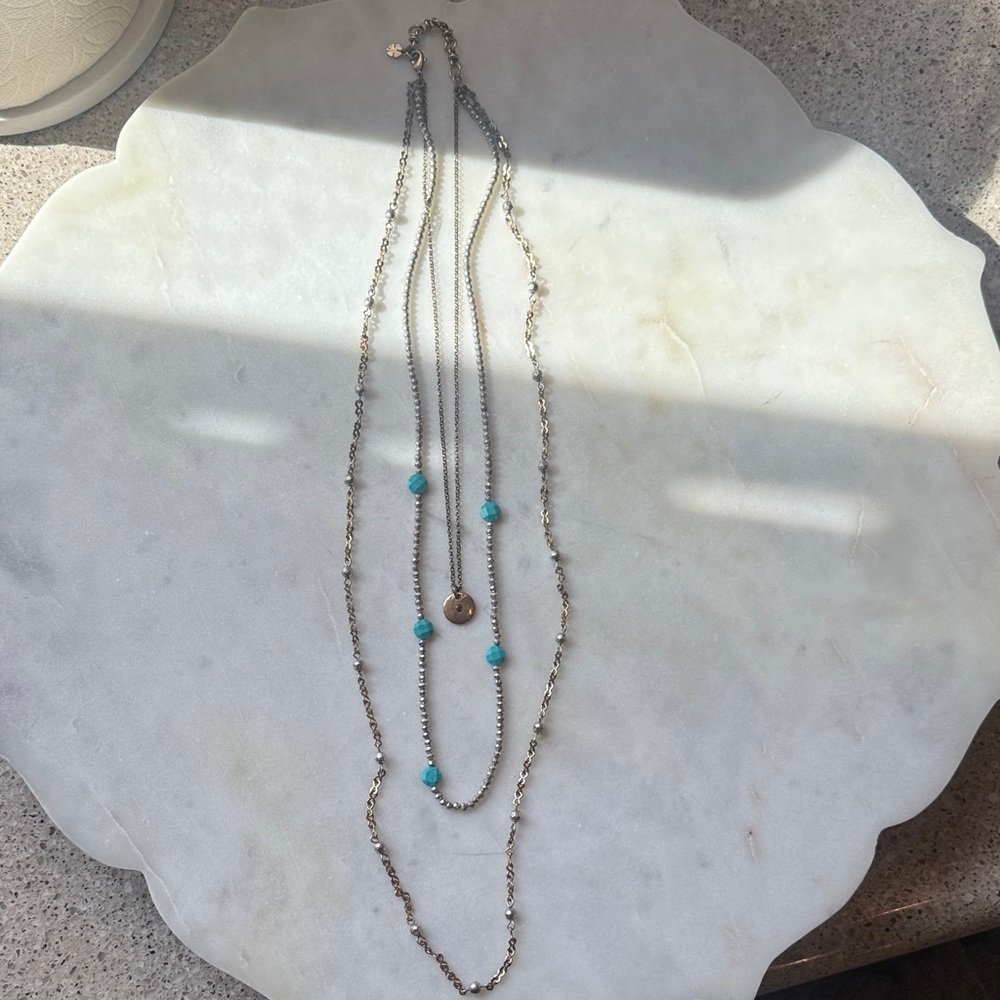 Lucky Brand Layered Gold & Silver Necklace with Turquoise Beads - Women Jewelry